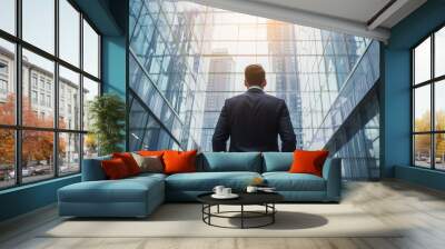 Back of businessman in suit with business office glass modern buildings background for financial freedom portfolio or company profit and strategy growth IPO poster Wall mural