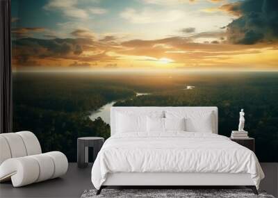 Beautiful green Amazon forest landscape at sunset. Adventure, explore, air dron view, vibe Wall mural