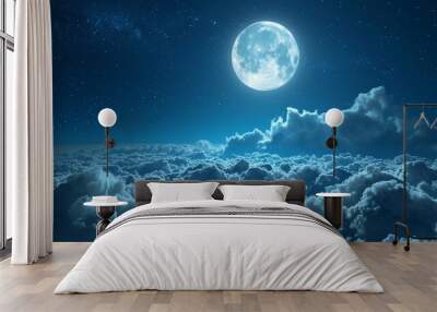 Beautiful realistic flight over cumulus lush clouds in the night moonlight. A large full moon shines brightly on a deep starry night Wall mural