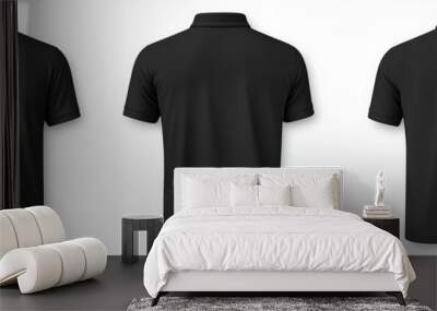 Black collar polo tee shirt set with front, back, and side views cutout in a white background. A mockup template for graphic design artwork. Wall mural