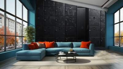 Black lockers in dark interior with one opened Wall mural