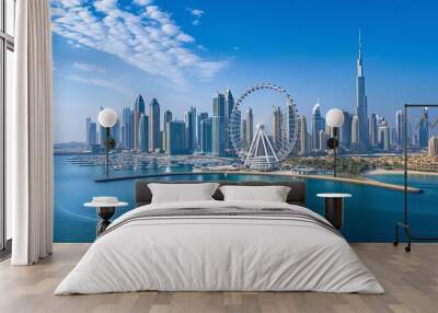 Bluewaters island and Ain Dubai ferris wheel on in Dubai, United Arab Emirates aerial view. New leisure and residential area in Dubai marina area  Wall mural