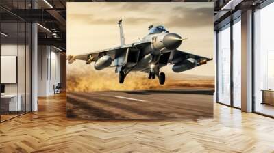 Combat military fighter rapidly takes off at high speed from the runway for tracking and hitting a target with copy space Wall mural