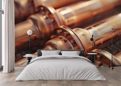 Copper pipes. Copper pipes used in heating and plumbing systems up close Wall mural