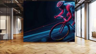 Creative artwork. Man, professional cyclist training, riding on black background with polygonal and fluid neon elements. Concept of sport, activity, creativity, energy. Copy space for art, text  Wall mural