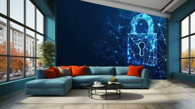 Cyber security concept. Lock symbol from lines and triangles, point connecting network on blue background. Illustration vector  Wall mural