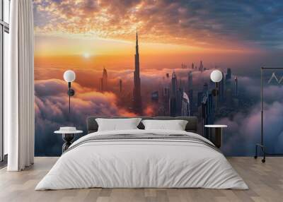 Dubai sunset panoramic view of downtown covered with clouds. Dubai is super modern city of UAE, cosmopolitan megalopolis. Very high resolution image Wall mural