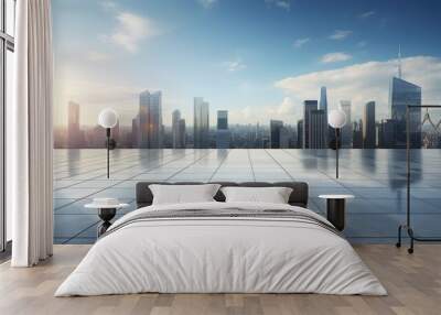 Empty square floor and city skyline with building background. Dubai Wall mural