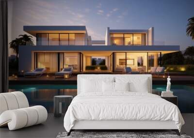 Exterior of modern minimalist cubic villa with swimming pool Wall mural