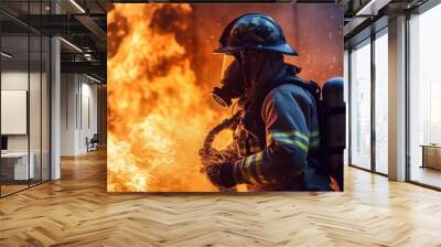 fireman using water and extinguisher to fighting with fire flame in an emergency situation., under danger situation all firemen wearing fire fighter suit for safety Wall mural