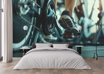 Fitness machine at home woman biking on indoor cycling stationary bike exercise indoors for cardio workout. Closeup of shoes on bicycle  Wall mural