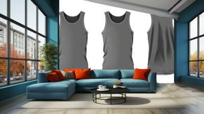 Front, side, and back views of a men's gray tank top template in three dimensions. Realistic male sport shirt blanks Wall mural