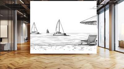 Full view of the beach. A vector depiction of a waterfront promenade featuring two chairs, an umbrella, yachts, and palm trees. Sketch made by hand in black and white. Wall mural