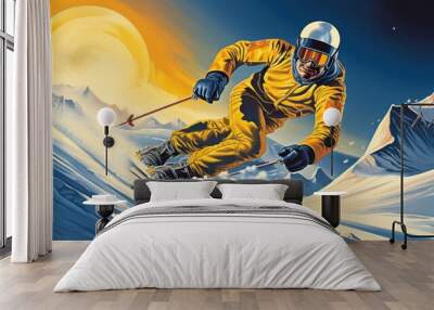 Futuristic athlete of the space skiing in alpine skiing, mountains in the background, winter olympics, blue and gold Wall mural