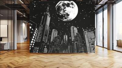 Graphic comic style, deep perspective view of the black and white nighttime city skyline with a large moon Wall mural