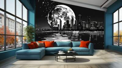 Graphic comic style, deep perspective view of the black and white nighttime city skyline with a large moon Wall mural