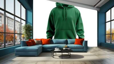 Green hooded sweatshirt. Men's long sleeve hoodie isolated on white background. Wall mural