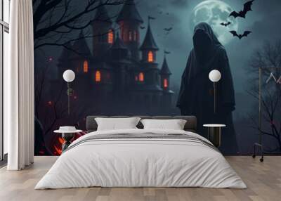 Halloween pumpkin sits in front of a castle house with bats flying around with a full moon in the background. Halloween Night Wall mural