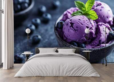 Ice Cream with Blueberries and Mint Leaves Wall mural