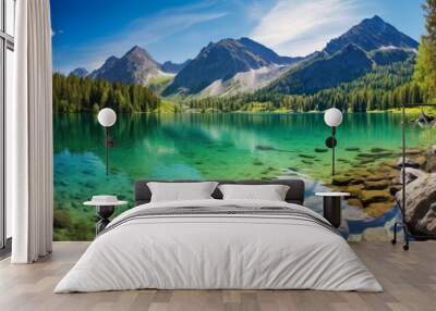 Impressively beautiful Fairy-tale mountain lake in Austrian Alps. colorful Scenery. Panoramic view of beautiful mountain landscape in Alps with Grundlsee lake, concept of an ideal resting place Wall mural