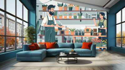 In front of an assortment of gardening tools is a customer and a salesperson. The customer is receiving tool explanations from the salesman.   Wall mural