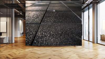 Inside a gym are black rubber floor mats and tiles. Black background and texture of rubber fitness floor.  Wall mural