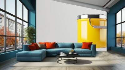 Isolated on a white background, yellow paint can bucket color container art and painting brush tool for renovation home design with vibrant, creative, colorful concept ink. 3D rendering. Wall mural