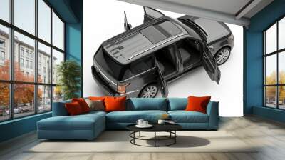 isolated simple and black SUV car with open doors from top view on a white background that is easily removable. Wall mural