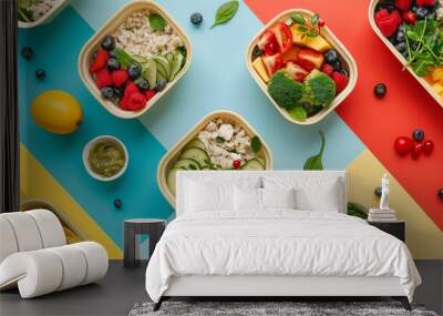 Lunchboxes with nutritious food displayed against a vivid paper backdrop. A concept for healthy eating in the workplace. Top view Wall mural