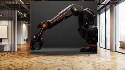 modern black logistic unloading robot arm with orange elements on dark grey background Wall mural