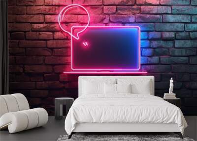 Neon light speech bubble. Meeting line icon. Discussion or consultation sign. People communication management symbol. Neon light background. Meeting glow line. Brick wall banner. Vector  Wall mural