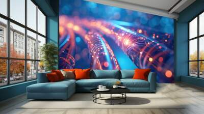 Network cables and optical fibers with lights in the ends. Blue background.  Wall mural