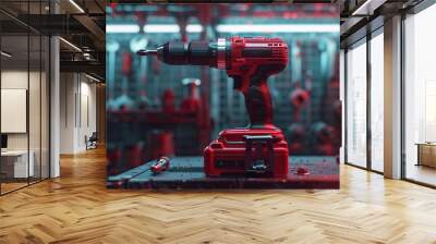 New cordless drill. The power tool is on a red industrial metal base. Wall mural