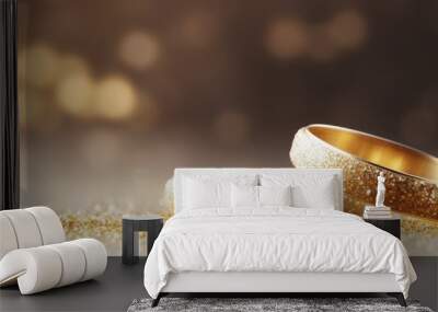 Panoramic banner with two upright gold wedding rings, representing romance and love Wall mural