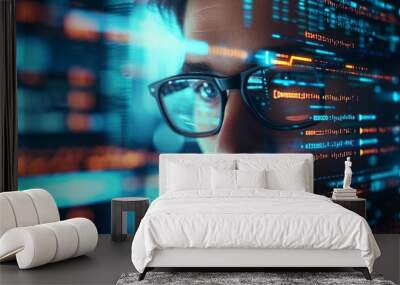 Programming coding and man with focus, hologram and trading with cyber security, futuristic and research. Male person, investor and employee with data analysis, server or investment with website info  Wall mural