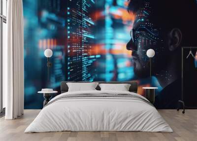 Programming coding and man with focus, hologram and trading with cyber security, futuristic and research. Male person, investor and employee with data analysis, server or investment with website info  Wall mural