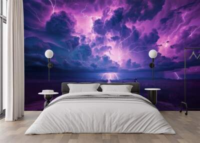 Purple lightning across the sky, huge storms, a cinematic poster. A dirt road, no one, the sky is in purple tones Wall mural