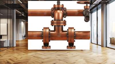 Realistic piping system, fittings, and a pipe with a ball valve. Industrial faucet for sewage, gas, oil, and water pipelines. Plumbing pressure technology in construction. 3d vector illustration Wall mural