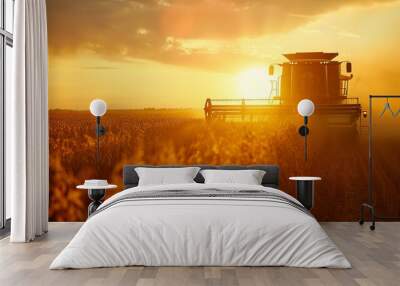 red combine harvester soybean harvest against the backdrop of the sun in the sky. The farm operates in the field in the autumn season Wall mural