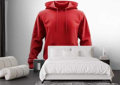 Red hooded sweatshirt. Men's long sleeve hoodie isolated on white background. Wall mural