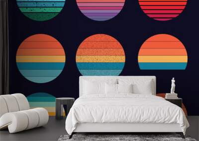 Retro vintage color background illustrations Shape 9 piece set. Vintage sunset collection in 70s 80s style. Regular and distressed retro sunset set with textured versions Wall mural