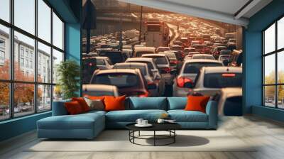 Rush hour traffic jam on a major highway. Cars in line. Severe auto traffic congestion in the city Wall mural