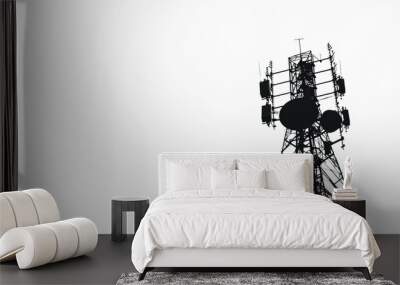 silhouette of a communication tower showing current technology and infrastructure, with dishes and antennas placed against a white background. Wall mural