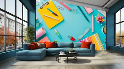 Student creative desk mock up with colorful office supplies and cactus. Back to school. Wall mural