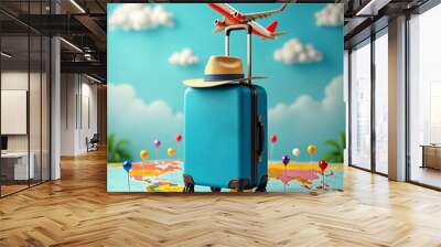 suitcase with world map and airplane. Tourism celebration concept. World tourism day application. Design for banners, posters, and cards. Wall mural