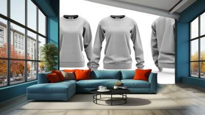 Template of a women's sweatshirt of light grey color (front, side and back views). White background Wall mural