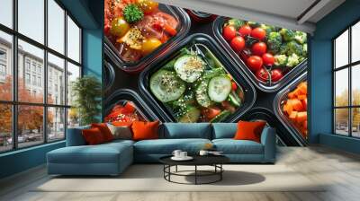 Top view of a close-up of several healthy vegetable salad lunch boxes packaged in plastic. Diet Take away food  Wall mural