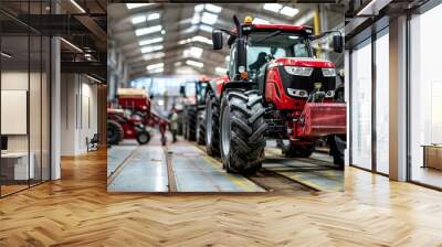 Tractor Manufacture work. There is an assembly line at the farm machinery factory. Installation of parts on the tractor body Wall mural