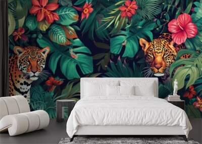 Tropical exotic pattern with animal and flowers in bright colors and lush vegetation Wall mural