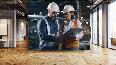 Two professional engineers, workers, technicians using clipboard, discussing work, walking in steel metal fabrication factory Wall mural